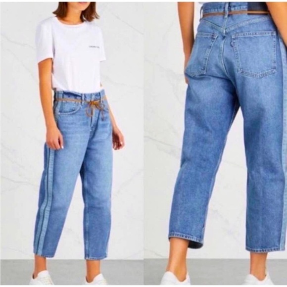 Levi's Denim - Levi’s Made & Crafted barrel crop loose fit 2 tone side striped denim blue jeans